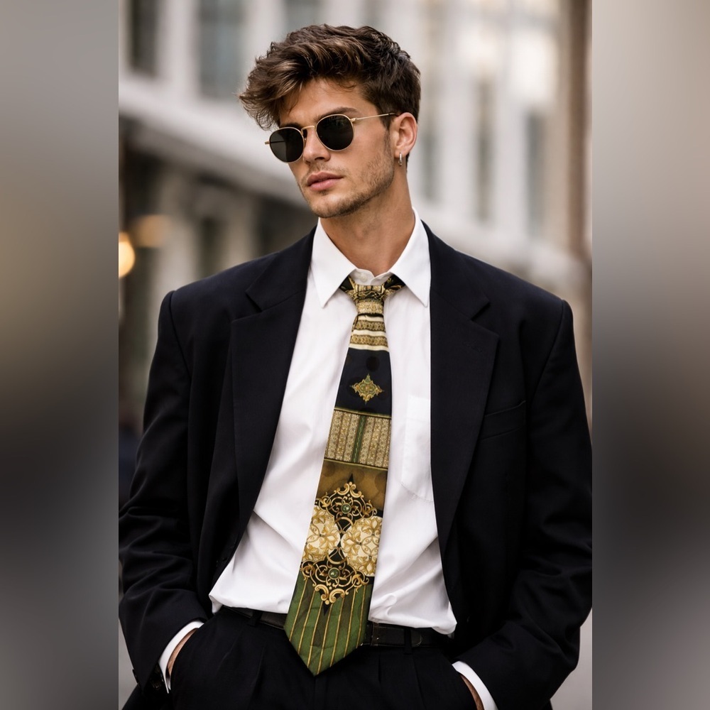 Avanzini 100% Silk Tie Handmade Italy Baroque Gold Green Luxury Designer